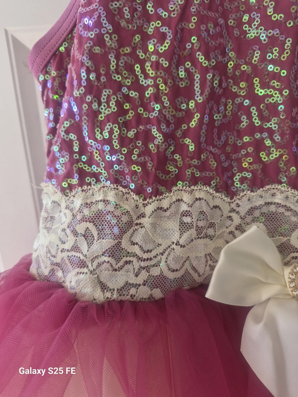Weissman Fuchsia Sequin Tulle Dance Dress with Lace Bow